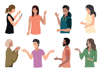 Fototapeta premium Happy people with different gestures. Men and women gesture, support and express their emotions. Vector set on white background.