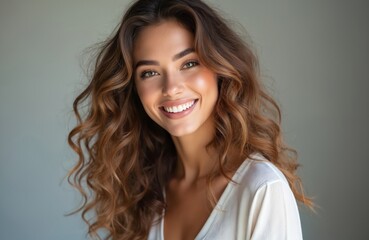 Beautiful young woman model with perfect smile. Long wavy brown hair, glowing healthy skin. Portrait of attractive female with pro makeup, trendy hairstyle.