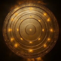 Golden circular shield with concentric rings and glowing lights