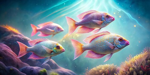 Vibrant aquatic life gracefully swims amidst a surreal underwater landscape, exhibiting an array of iridescent colors and intricate details.