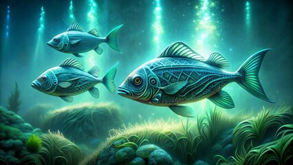 Fototapeta premium Enchanted Aquatic Realm Three Ornate Fish Gracefully Swim Through an Underwater Paradise of Lush Seagrass and Glimmering Lights