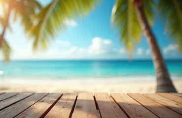 Fototapeta premium Wooden deck with ocean view. Sunny day at tropical beach with palm trees, blue sky, white sand, turquoise water. Vacation, summer holiday, travel, resort concept.