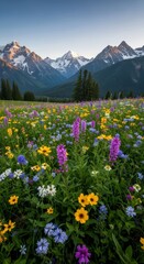 Fototapeta premium Vibrant wildflower meadow with snow-capped mountain peaks and green forest in the distance. Beautiful summer landscape on a clear day.