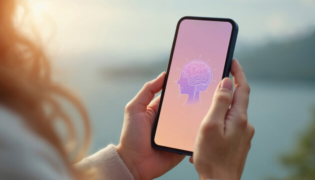 Person holds smartphone with AI mental health app interface. Calm design with brain icon, peaceful nature background. Digital healthcare, wellbeing app. Mental support, innovative tech for therapy,