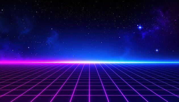 Synthwave vaporwave retrowave cyber background with copy space laser grid starry sky