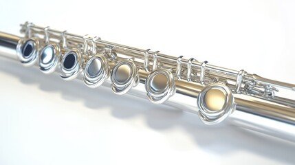 Naklejka premium Close-up of a shiny silver flute, revealing keys and intricate details.