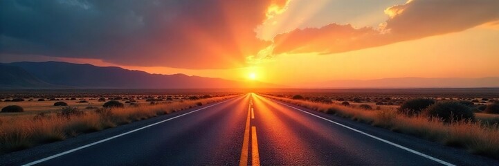 Fototapeta premium Endless asphalt ribbon stretching towards a hazy horizon, promising adventure and open road freedom The sun dips low, casting long shadows across the landscape , horizon, mountains, path