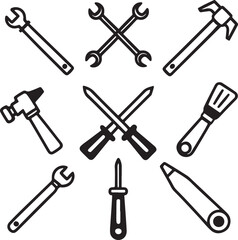 Classic crossed tool icon of a wrench and hammer in black and white, perfect for repair, construction, and mechanic-themed graphics.