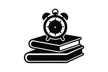 Alarm clock silhouette on stack of books time management study
