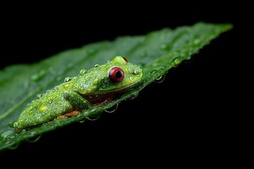 Close-up of a vibrant green frog with striking red eyes resting on a textured leaf, showcasing droplets of water glistening in soft natural light against a black background.