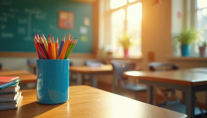 Classroom scene with colorful pencils in blue cup, textbooks on wooden desk. Education theme background, school interior with blackboard, tables, chairs, window. Back to school concept.