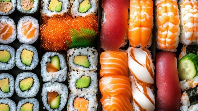 Close-up of assorted sushi rolls and nigiri, fresh and vibrant ingredients. - Powered by Adobe