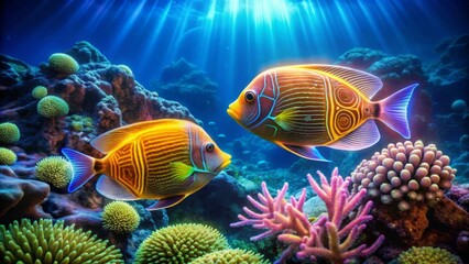 Vibrant Reef Fish Pair Gracefully Swimming Amidst a Lush Coral Garden, Bathed in Sunlit Ocean Depths