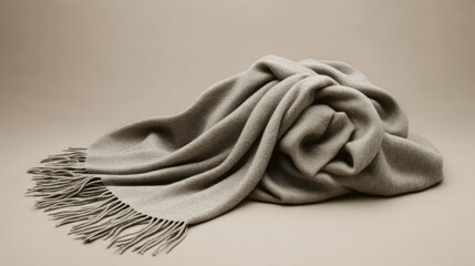 Beige cashmere scarf with fringes draped on a neutral background. Cozy comfort.