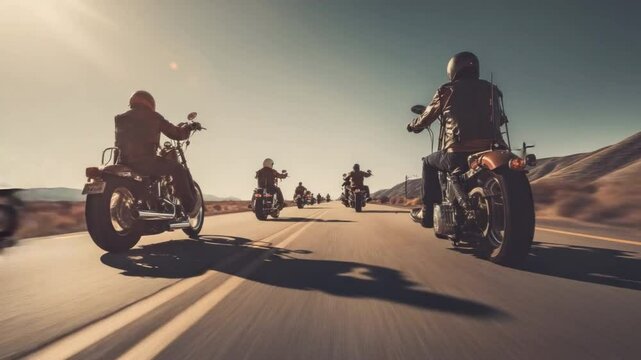 Open Road Adventure: A band of motorcycle enthusiasts embarks on an exhilarating road trip, traversing an endless highway under a vast, inviting sky.