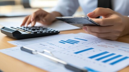 Analyzing business data with a calculator, smartphone and bar charts.