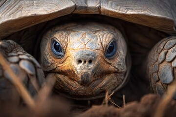 Close-Up of an Endangered Tortoise with Intricate Texture and Piercing Blue Eyes in a Natural Habitat Captured in the Wild During a Sunny Day