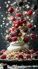 Fototapeta premium A vibrant breakfast parfait with a splash of berries, oats, and creamy yogurt against a dark backdrop.