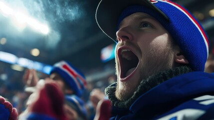 Excited sports fan cheering loudly in a cold stadium, breath visible, intense.