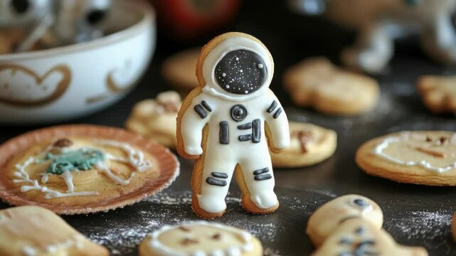 Close-up shot of a cookie shaped like an astronaut, perfect for advertising or social media posts