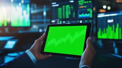 A businessman holds a tablet with a green screen showing finance stock data.