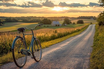 Obraz premium bicycle resting on quiet country road with open fields and distant farmhouse on background. Soft golden sunset light, cozy peaceful, nostalgic atmosphere