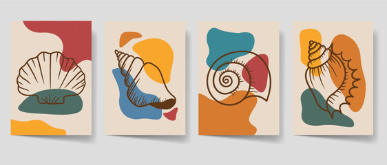 Shells graphic set for wall art, shells line abstract art for home decor.