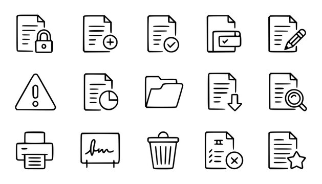 Hand drawn vector icon set illustrating document actions