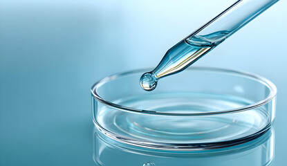 Close-up of a dropper releasing a droplet into a petri dish, emphasizing precision and the world of scientific research and experimentation.