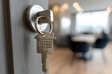 Close-up of a house key in a modern door lock, symbolizing new beginnings and homeownership.