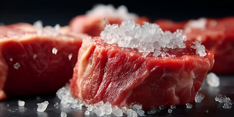 Close-up of fresh red meat with coarse salt, highlighting the texture and quality, ideal for culinary themes and food photography.