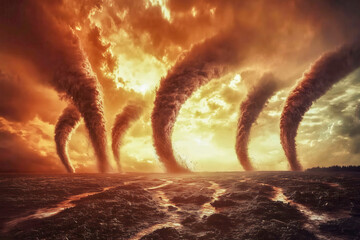 Rare sight with multiple tornadoes forming simultaneously, with each funnel visible against a turbulent sky