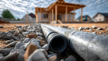 Close-up view of a construction site featuring a black pipe on gravel, with a house in the background. Ideal for showcasing building processes.