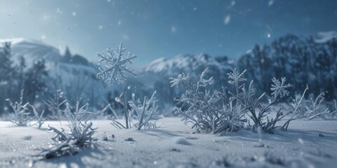 Fototapeta premium Delicate snowflakes falling over a frosty, blue winter scene , peaceful, calm