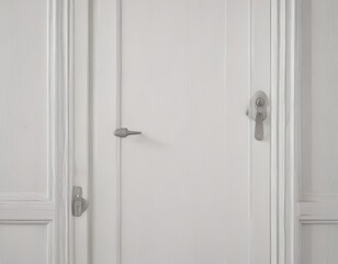 Fototapeta premium Close-up of closed white wooden door; subtle handle detail , fresh, white door, sleek
