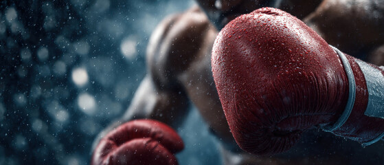 Boxer with red gloves in intense training session, focus on movement