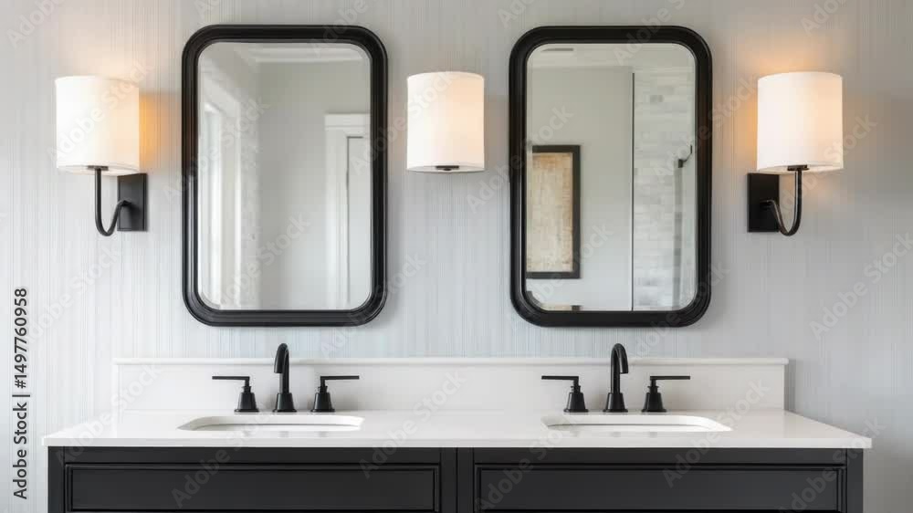 Poster a modern bathroom with two sinks and two mirrors, perfect for a small space or shared use
