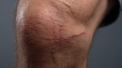 Fototapeta premium Closeup of knee with scars and dry skin texture