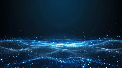 A blue banner with swirling, 3D particles representing technology. 