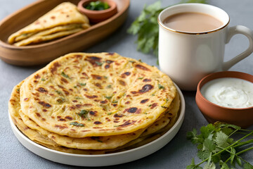Delicious flatbreads served with yogurt and tea, capturing the essence of traditional dining and comfort food.