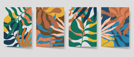 Obraz premium Aesthetic modern abstract art set for print, Minimalist Floral bohemian wall decor, home decor. Leaves art collection with summer theme