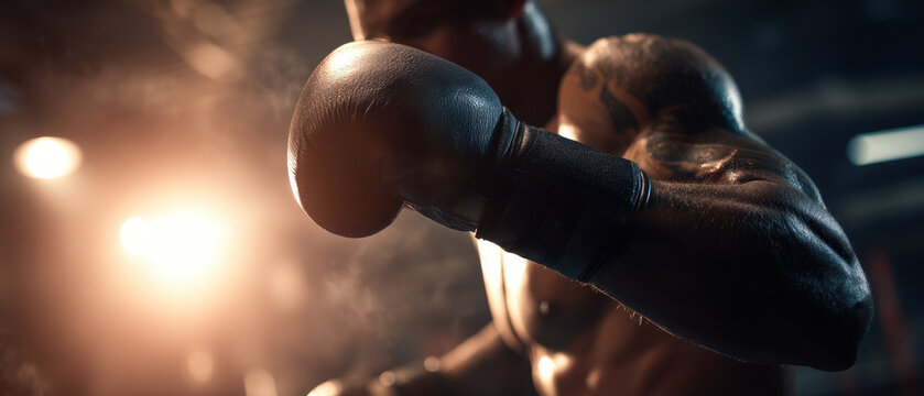Fighter in action throwing elbow combination in dramatic lighting