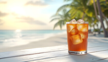 Iced coffee on table with sunny beach background, glass filled with ice, frothy top layer, palm trees swaying in distance, warm and relaxed summer morning 2