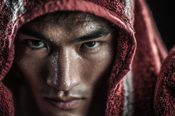 Sweaty athlete with red towel looking intense after workout