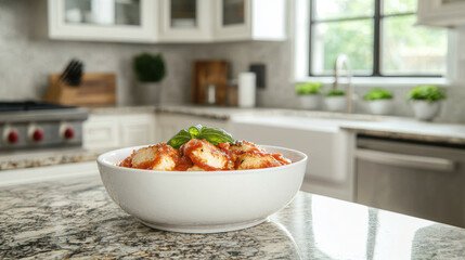 Delicious Chicken Parmigiana served in white bowl, garnished with basil, on granite countertop in modern kitchen