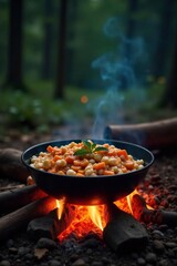 Delicious campfire-cooked meal sizzling over glowing embers, surrounded by nature's beauty Perfect for outdoor adventure and camping themes , vegetables, nature, rustic cooking