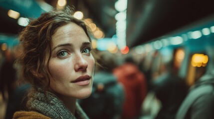A young woman with a thoughtful look stands on a crowded subway platform, her face standing out against the blurred lights.