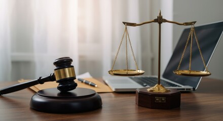 Justice scales and gavel symbolizing legal system and law enforcement with laptop and documents