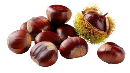 Harvest of Delight: A close-up view of a collection of chestnuts, showcasing their rich, smooth surfaces and the intricate detail of a spiky burr, celebrating the essence of autumn's bounty.