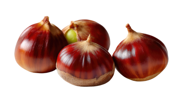 Chestnut Close-up: a collection of fresh, ripe chestnuts arranged closely, presenting their rich brown hues and subtle textures.